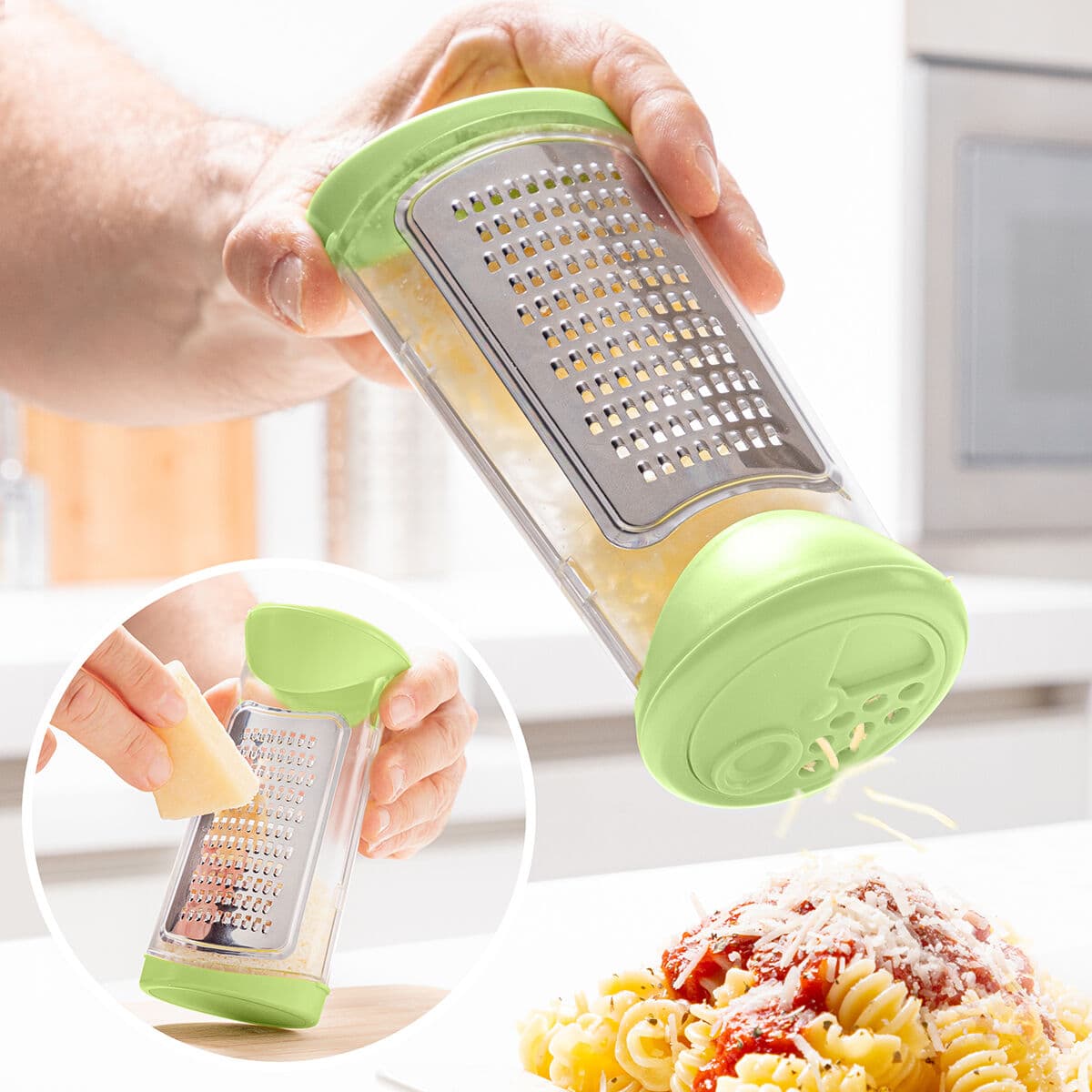 Reibe mit Behälter und Dosierdeckel 3 in 1 Cheezy InnovaGoods